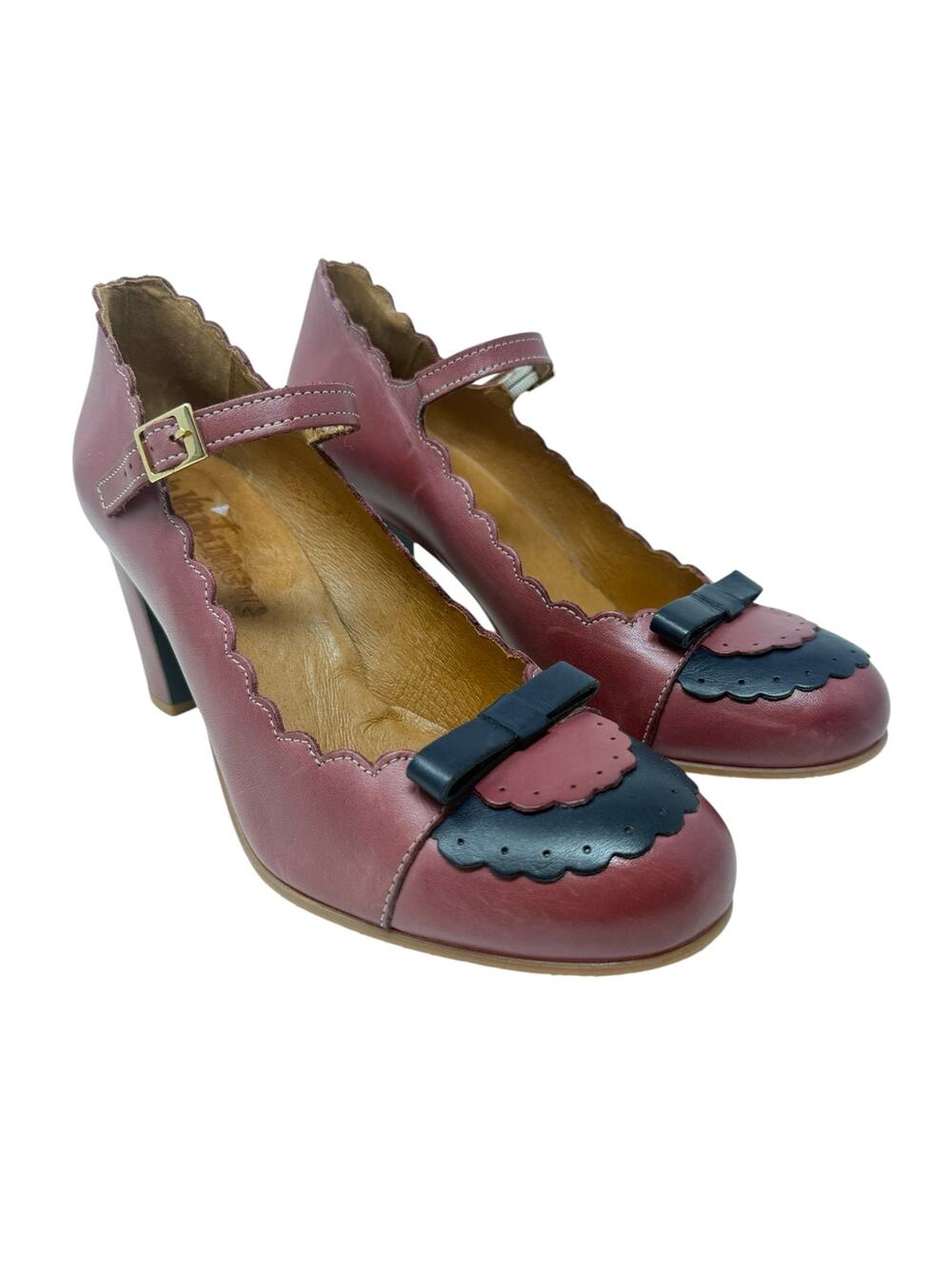 La Veintinueve Penelope Leather Mary Jane Bow Block Heel Red Black EU 42 US 10